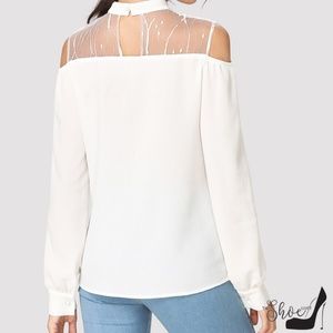 The Shoe Loft Tops - Lace Cold Shoulder Cut Out Textured Blouse The Shoe Loft Tops - Lace Cold Shoulder Cut Out Textured Blouse